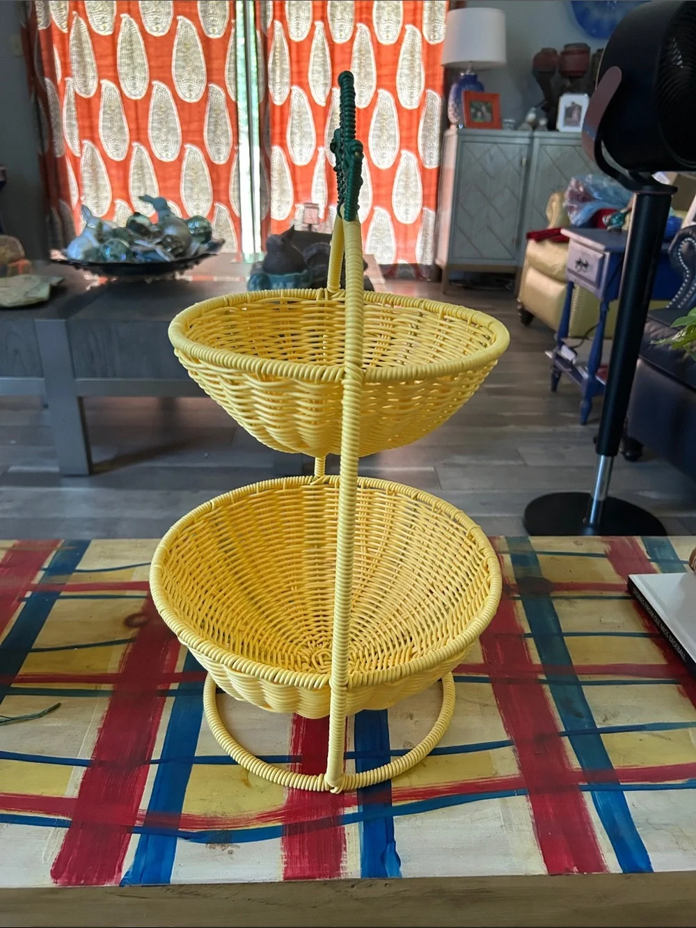 Yellow Two-Tier Wicker Serving Basket with Green Pineapple Accent